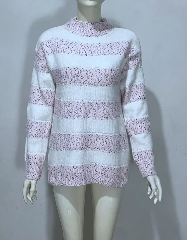 Embroidered Jacquard Pullover Loose Bottoming Shirt Mock Neck Sweater Coat Binding Clips Purple Pink - Shop at LoveMi