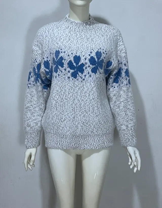 Embroidered Jacquard Pullover Loose Bottoming Shirt Mock Neck Sweater Coat Leaves Light Gray - Shop at LoveMi