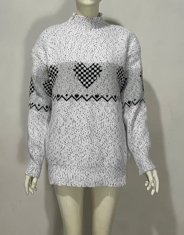 Embroidered Jacquard Pullover Loose Bottoming Shirt Mock Neck Sweater Coat Peach Heart Light Gray - Shop at LoveMi