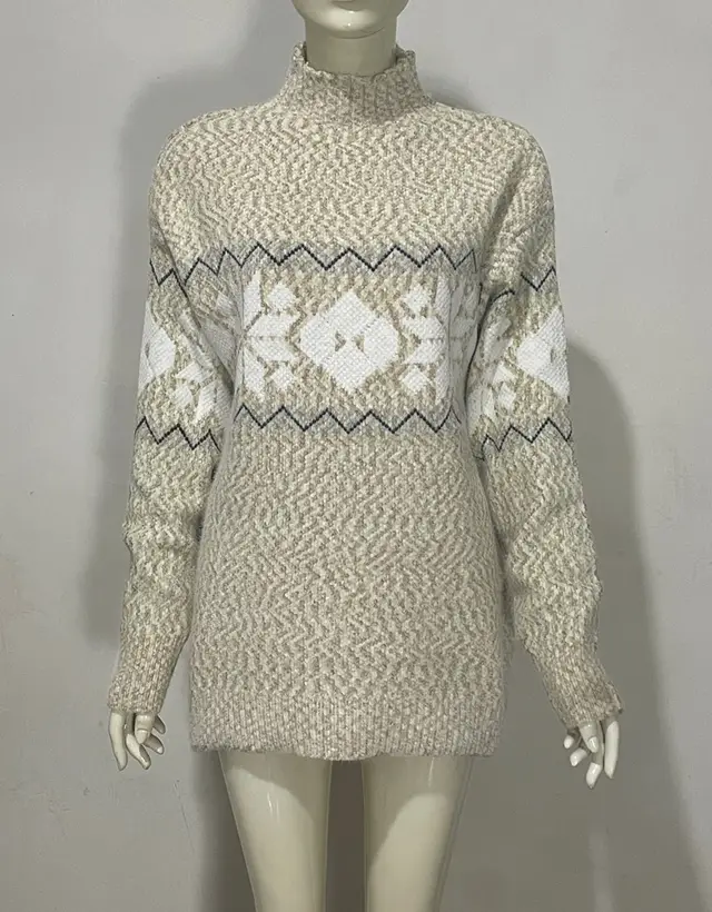 Embroidered Jacquard Pullover Loose Bottoming Shirt Mock Neck Sweater Coat Snowflake Light Coffee - Shop at LoveMi