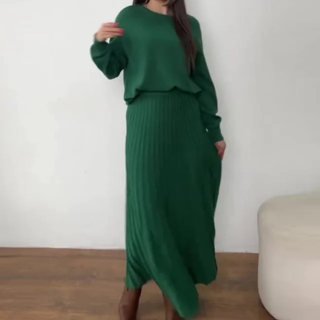 Women's Long Sleeve Pleated Skirt Fashion Suit Dark Green - Shop at LoveMi