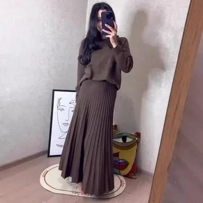 Women's Long Sleeve Pleated Skirt Fashion Suit Maroon - Shop at LoveMi