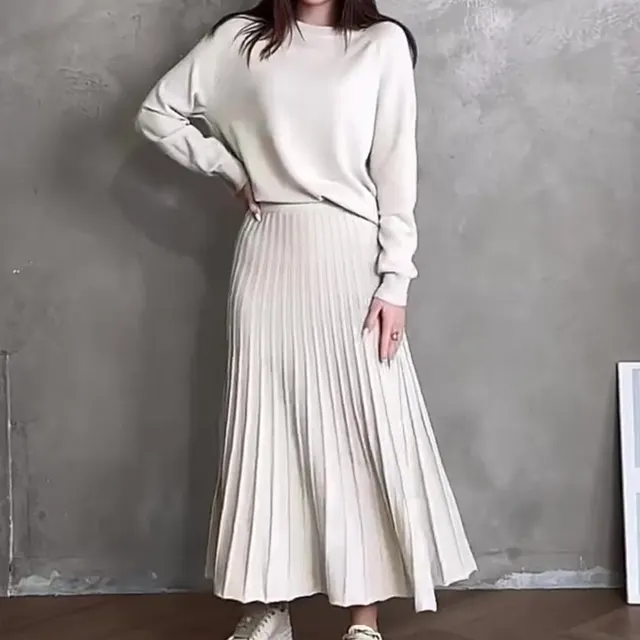 Women's Long Sleeve Pleated Skirt Fashion Suit White1 - Shop at LoveMi