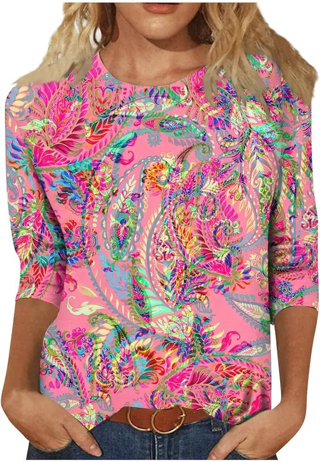 Women's Three quarter Sleeve Ethnic Floral Slim Fit Cute Top Tx7355 - Shop at LoveMi