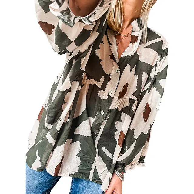 European And American Fashion Vintage Floral Print Shirt Green - Shop at LoveMi