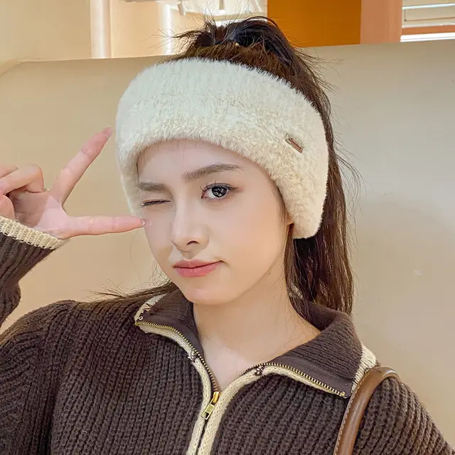 Headband Earmuffs Hat Winter Warm Plush Air Top Knitted Hat Beige - Shop at LoveMi