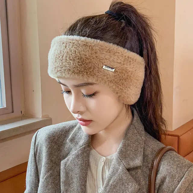 Headband Earmuffs Hat Winter Warm Plush Air Top Knitted Hat Camel - Shop at LoveMi