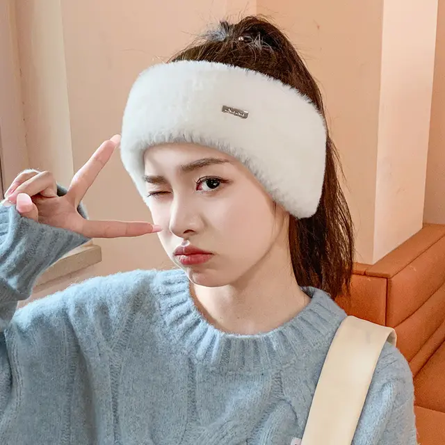 Headband Earmuffs Hat Winter Warm Plush Air Top Knitted Hat White - Shop at LoveMi