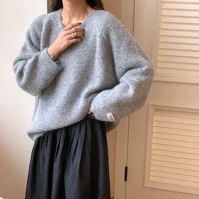 Round Neck Idle Style Autumn And Winter Long Sleeve Soft Glutinous Colored Knit Top Light Grey - Shop at LoveMi