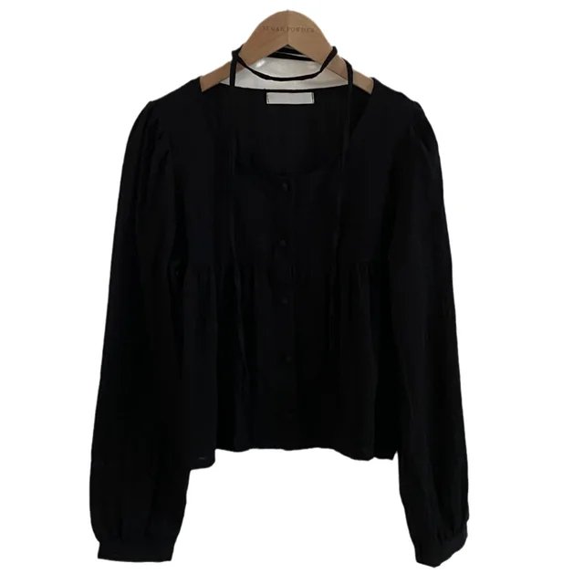 Ribbon Design Single breasted Long Sleeve Shirt Women's All match Top Black - Shop at LoveMi