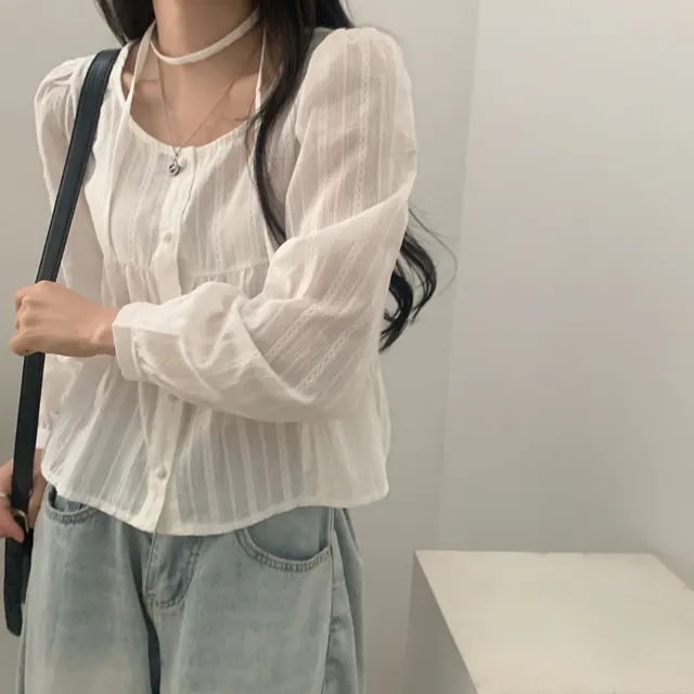 Ribbon Design Single breasted Long Sleeve Shirt Women's All match Top White - Shop at LoveMi