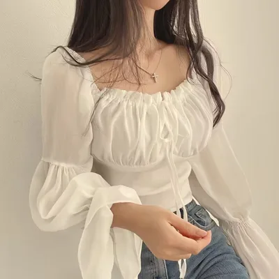 Early Spring French Minority Stringy Selvedge Lace up Square neck Cinched Bell Sleeve Chiffon Shirt Short Shirt White - Shop at LoveMi