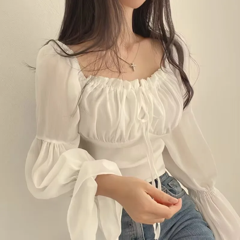 Early Spring French Minority Stringy Selvedge Lace up Square neck Cinched Bell Sleeve Chiffon Shirt Short Shirt White - Shop at LoveMi