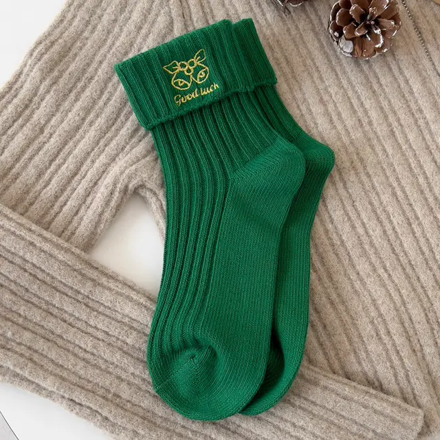 Flanging Golden Embroidery Christmas Cartoon Letters Cotton Medium Stockings Green Bell - Shop at LoveMi