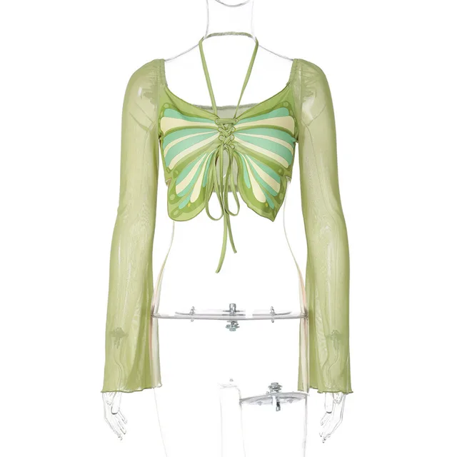 Fashion Street Shooting Sexy Mesh Stitching Bow Tie Top Green - Shop at LoveMi