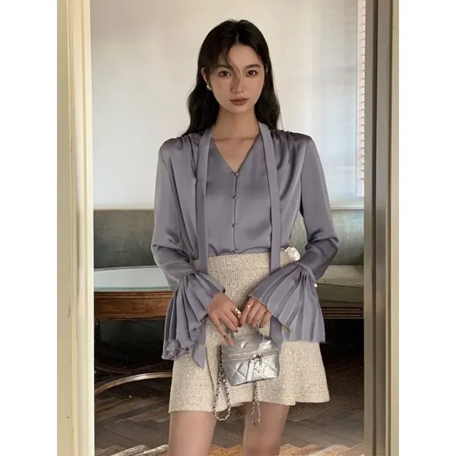 Women's Ruffled Sleeve Top Loose Shirt With Ribbon Blue Gray - Shop at LoveMi
