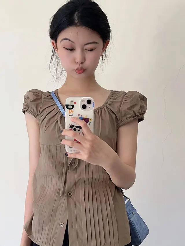 U collar Shirt Women's Shoulder Slim fit Short Puff Sleeve Shirt Khaki - Shop at LoveMi