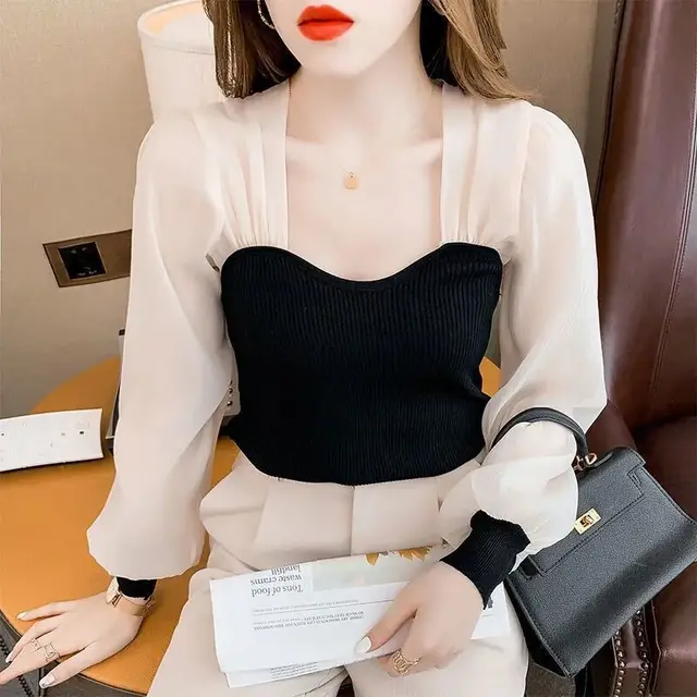 Mesh Puff Sleeve Stitching Ice Silk Top Women Beige Sleeves - Shop at LoveMi