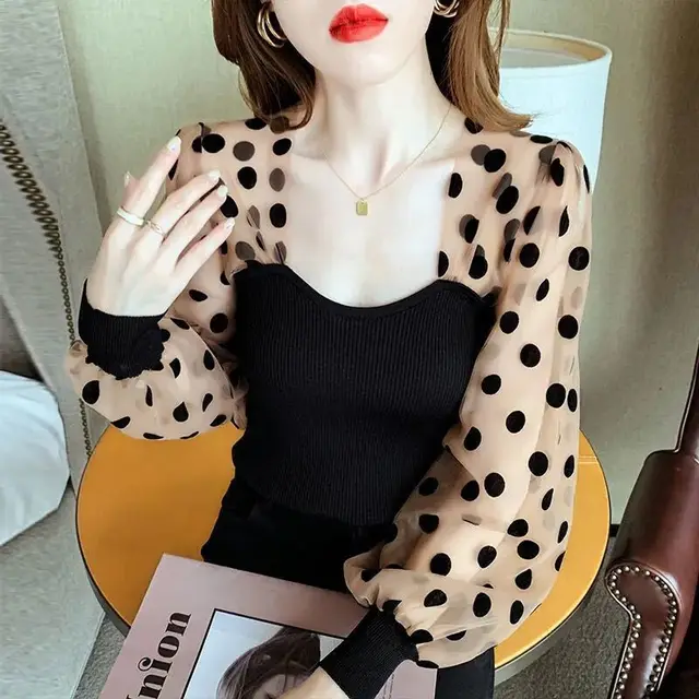 Mesh Puff Sleeve Stitching Ice Silk Top Women Polka Dot Coffee Sleeve - Shop at LoveMi