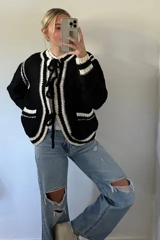 Knitted Lace-up Pocket Sweater Coat Women's Clothing - Black
