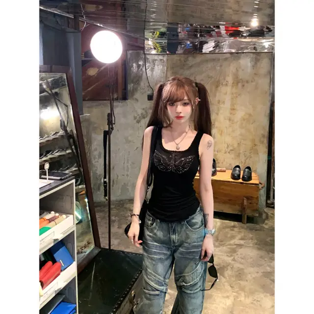 Women's Patchwork Wooden Ear Pure Desire Mesh Sleeveless Vest Top Black - Shop at LoveMi