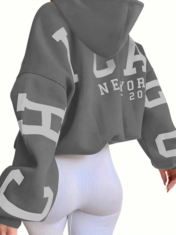 Women's Letter Printing Hooded Loose Sweater - Silver - View 1