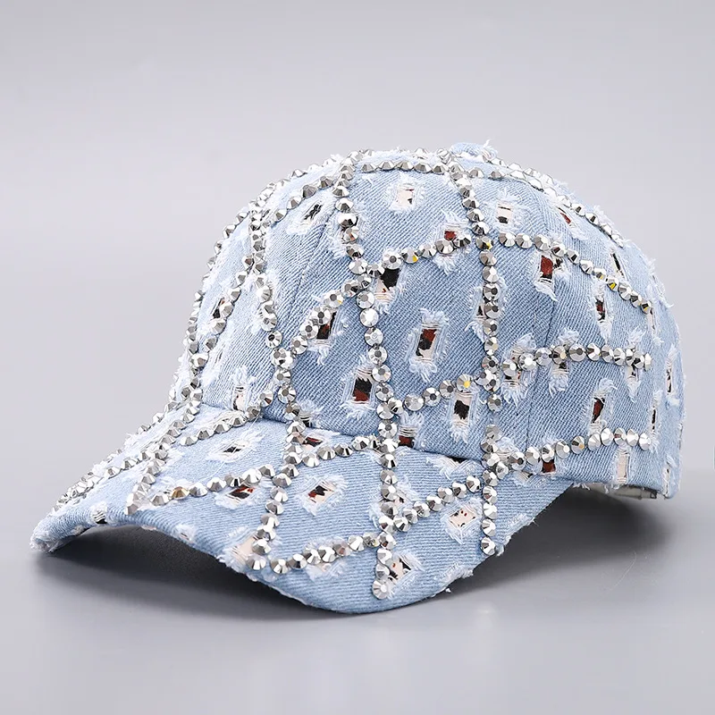 Ripped Diamond Denim Baseball Cap Leopard Rhinestone Fashion Peaked Cap Light Blue - Shop at LoveMi