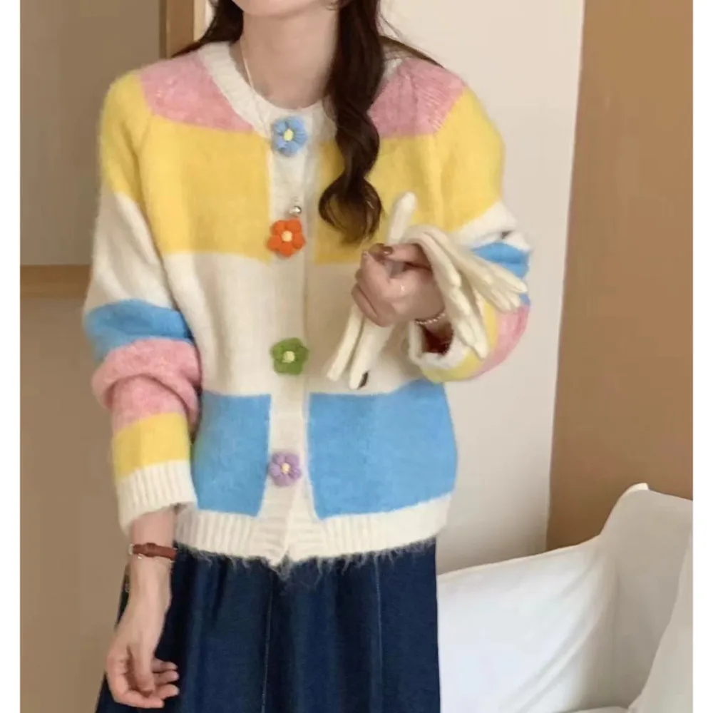 Rainbow Striped Floral Buckle Knitted Cardigan Coat For Women Blue And Pink - Shop at LoveMi
