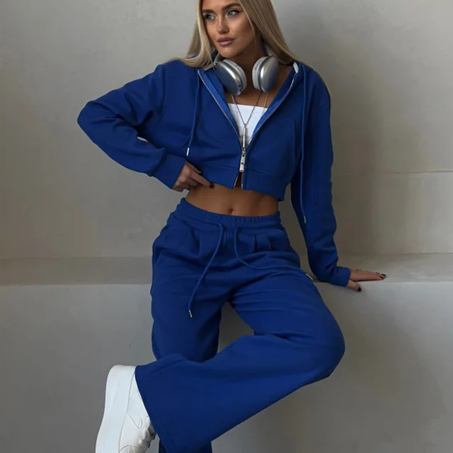 Casual Suit Solid Color Short Midriff Outfit Hooded Cardigan Lace up Sweatpants Blue - Shop at LoveMi