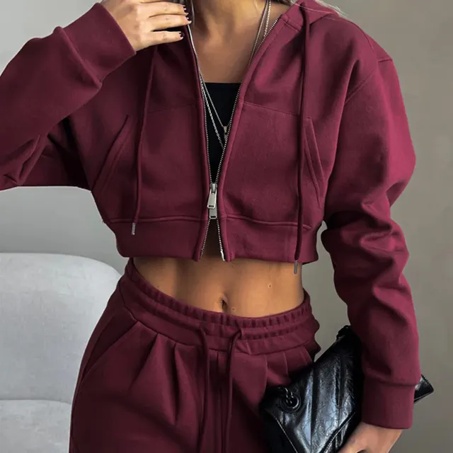 Casual Suit Solid Color Short Midriff Outfit Hooded Cardigan Lace up Sweatpants Dark Red - Shop at LoveMi