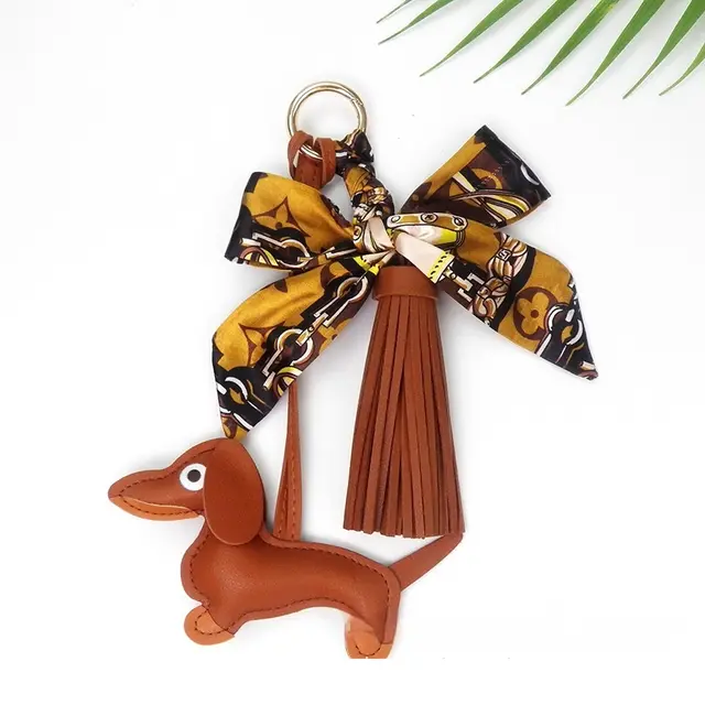 Tassel Leather Sausage Dog Pendant Bag Ornament Silk Scarf Keychain Schoolbag Pendant Light Brown - Shop at LoveMi