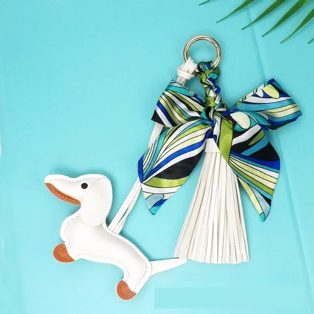 Tassel Leather Sausage Dog Pendant Bag Ornament Silk Scarf Keychain Schoolbag Pendant White - Shop at LoveMi