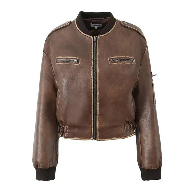 Retro Distressed Loose Leather Coat American Short Jacket Brown - Shop at LoveMi