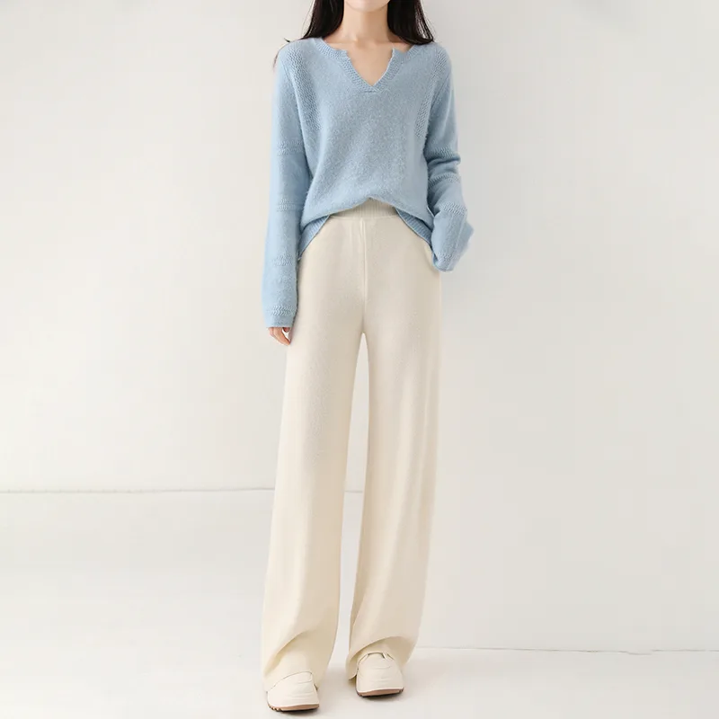High Waist Casual All-match Knitted Mop Trousers Thickened - Elegant White