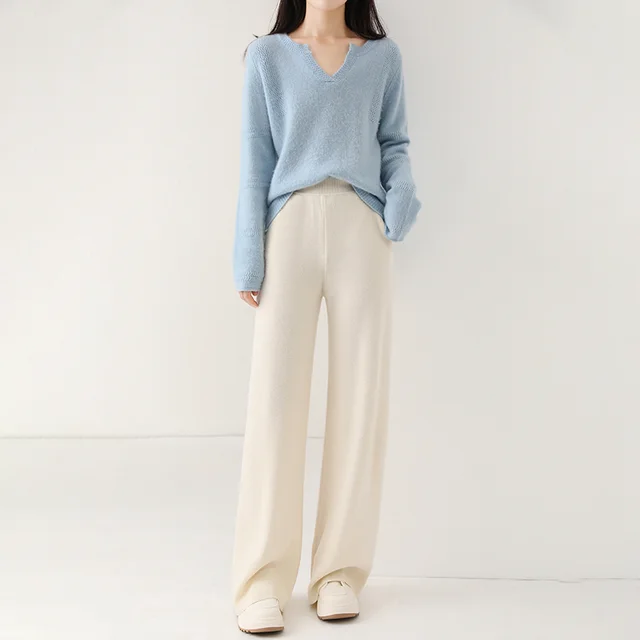 High Waist Casual All match Knitted Mop Trousers Thickened Elegant White - Shop at LoveMi