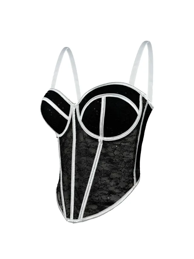 Mesh Camisole Low Cut Contrast Color Cinched Waist Slim fit Breathable Body Shaping Fishbone Corset Black Background And White - Shop at LoveMi