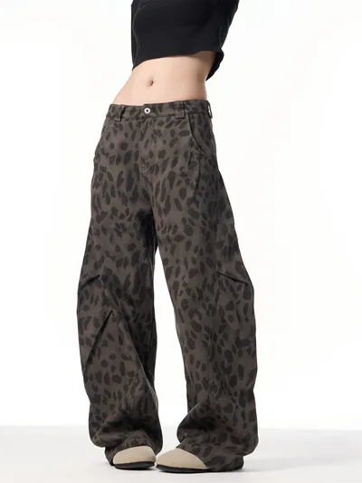 Retro Leopard Jeans Women's Loose Straight Wide leg Pants Gray Camouflage - Shop at LoveMi