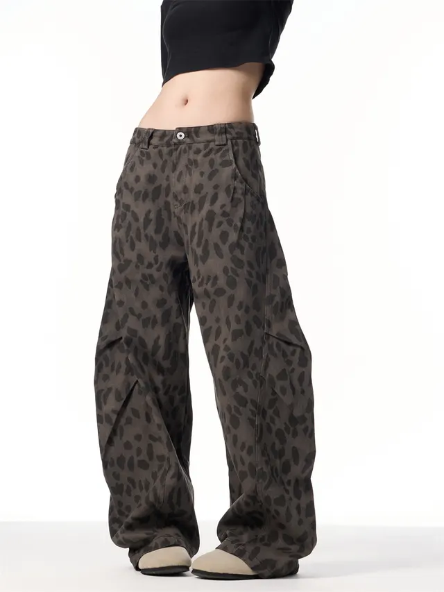 Retro Leopard Jeans Women's Loose Straight Wide leg Pants Gray Camouflage - Shop at LoveMi
