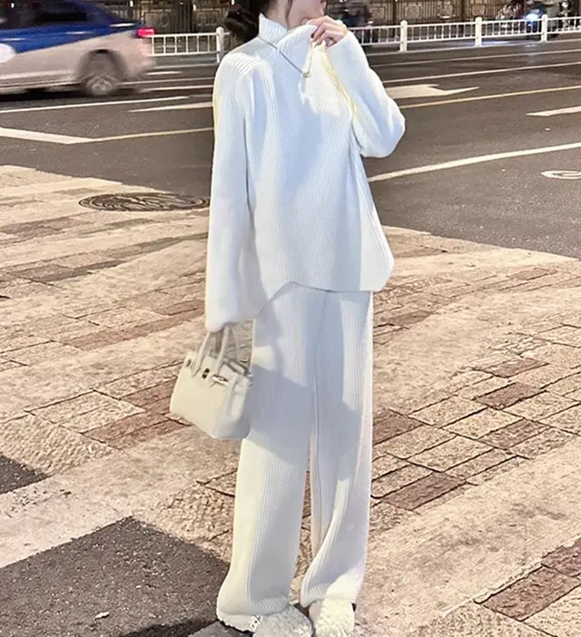 Turtleneck Knitting Suit Women's Autumn And Winter New Loose Thick Two piece Set Beige White - Shop at LoveMi