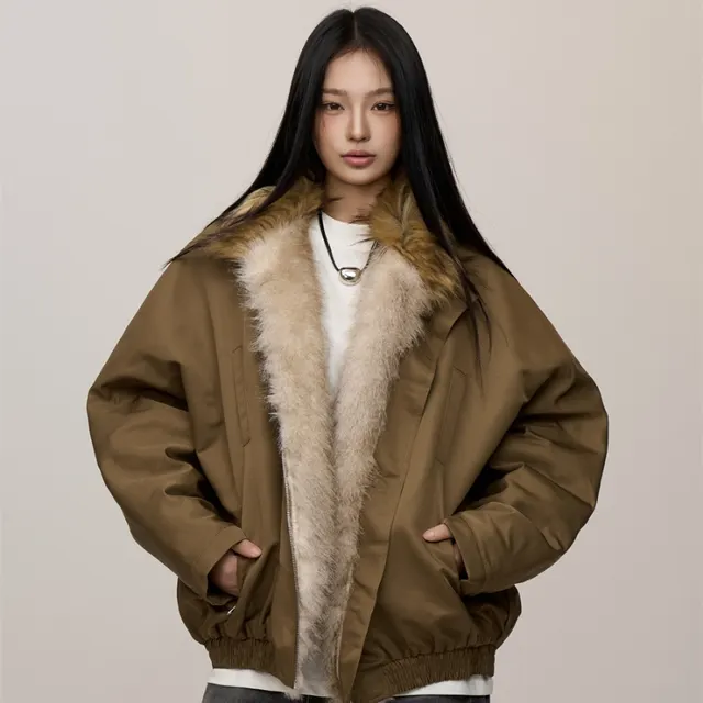 Two color Fur Collar Thicken Cotton Clothes Coat Khaki - Shop at LoveMi