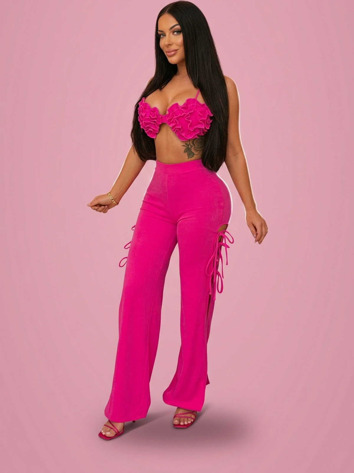 Chest Wrap Strap Bell-bottom Pants Suit - Rose Red