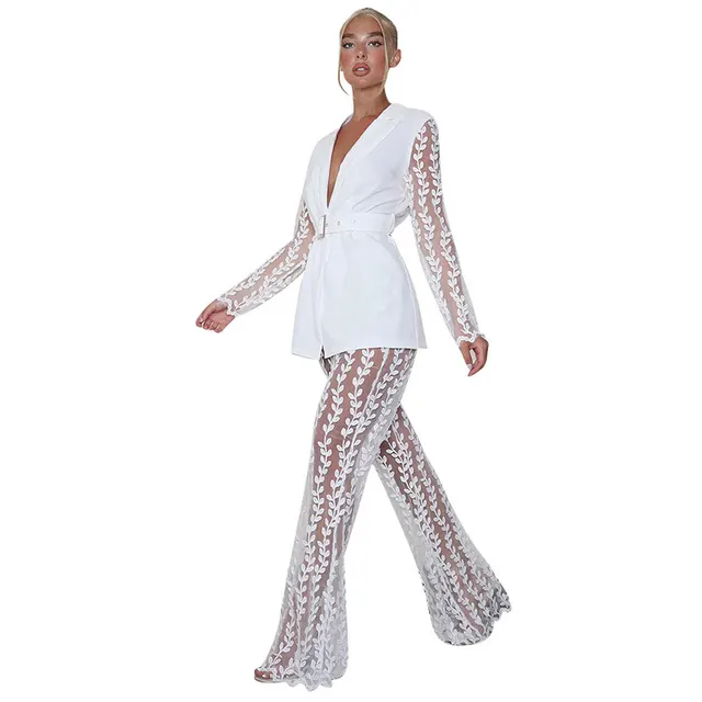 New Mesh Lace Floral Long sleeved Top Bell bottom Pants Suit Women Including Belt White - Shop at LoveMi