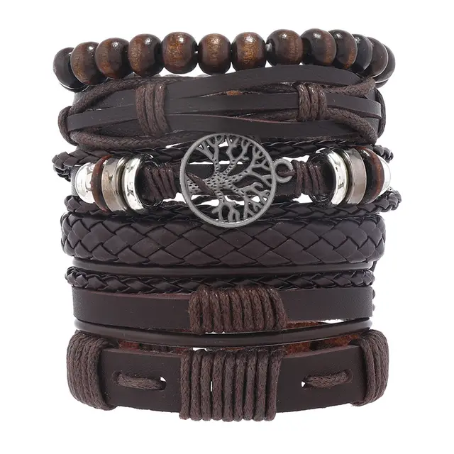 European And American Men's Vintage Weave Multi layer Leather Bracelet Lucky Tree Series Six piece Set 6Style - Shop at LoveMi