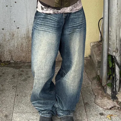 American Retro Worn Looking Washed out Wide Leg Jeans Wide Leg Pants - Shop at LoveMi
