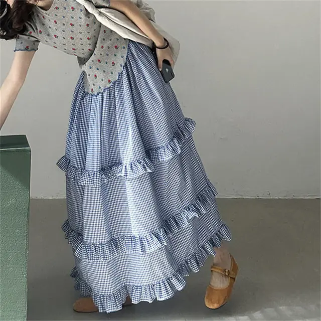 Plaid Elastic Waist Ruffled Tiered Skirt Long Dress For Women Blue - Shop at LoveMi