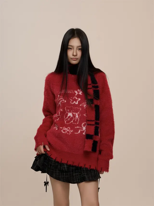 Red Christmas Round Neck Sweater Women's Warm And Loose Sweater Red - Shop at LoveMi