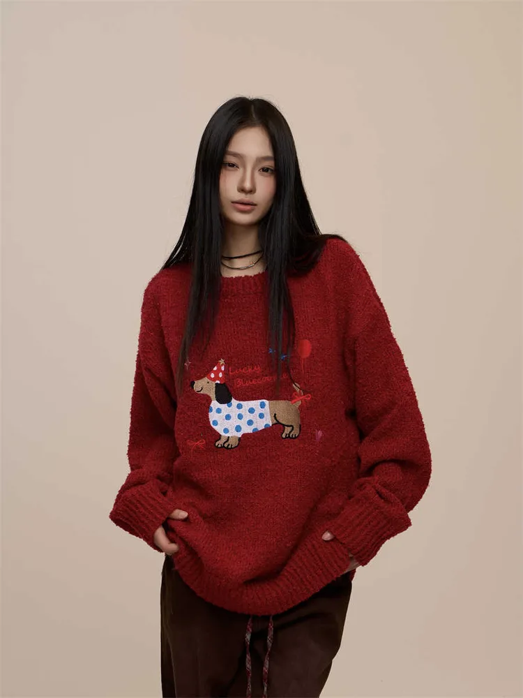 Christmas Red Couple's Sausage Dog Towel Embroidered Sweater Red - Shop at LoveMi