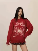 Butterfly Jacquard Mink-like Wool Christmas New Year Sweater - Red