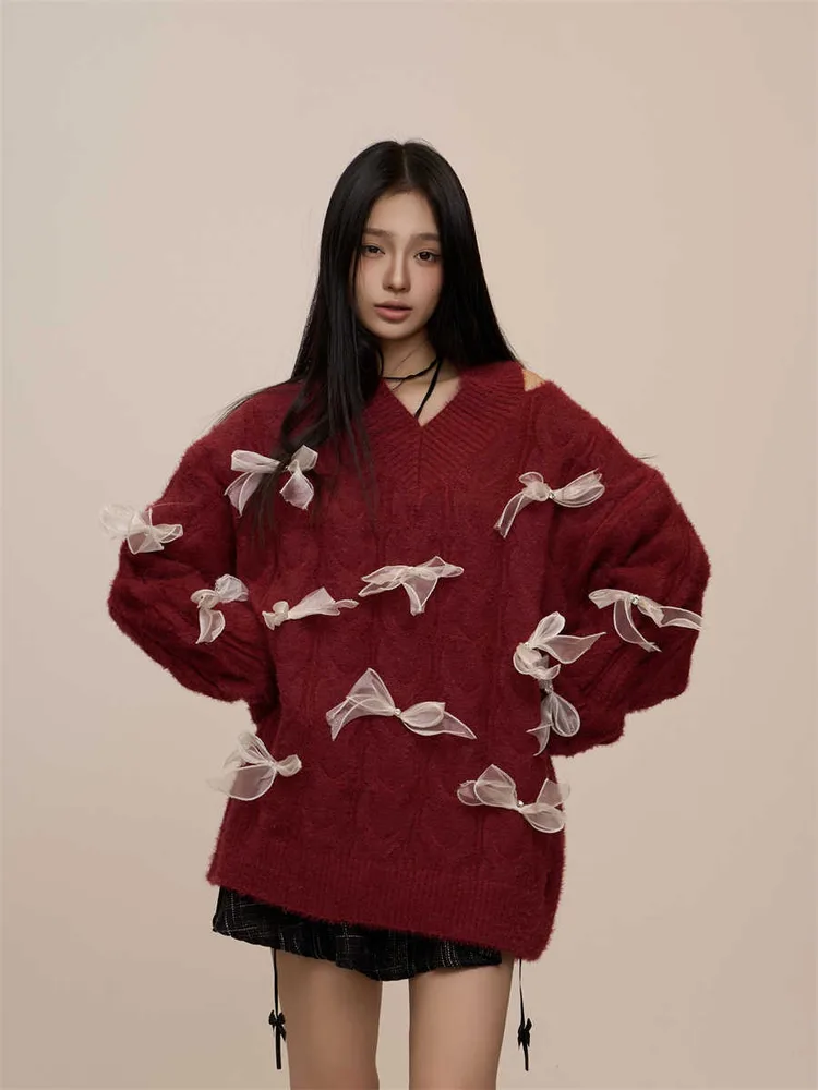 Red Bow Design Sense Idle Style Sweater Red - Shop at LoveMi