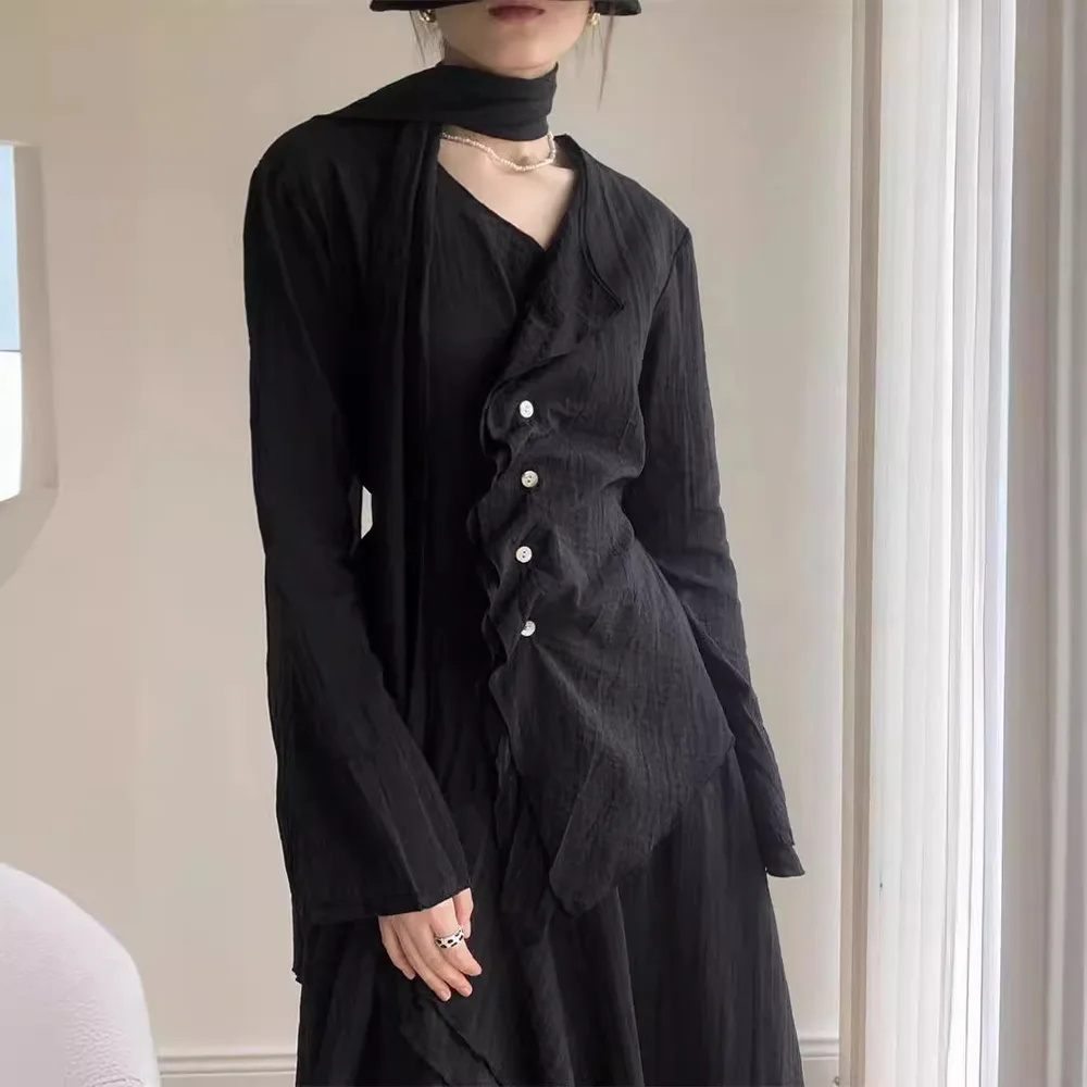 Retro New V-neck French Style Top - Black